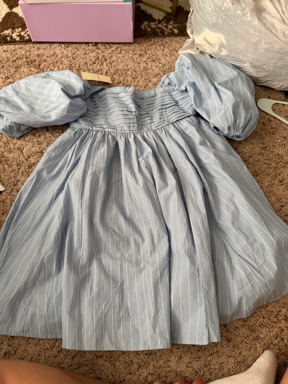 Light Blue Pinstripe Off-Shoulder Emerson Dress